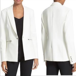 Veronica Beard Cream Double-Breasted Blazer with Zip Accents